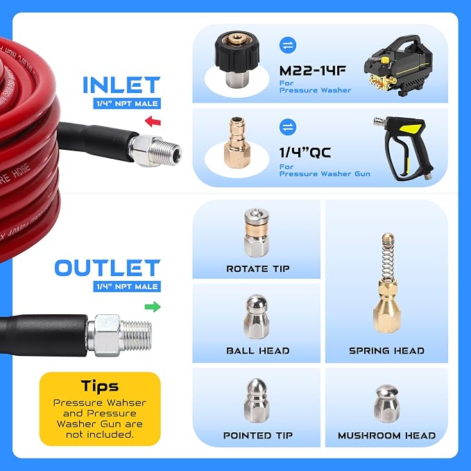 Sewer Jetter Kit for Pressure Washer, 50FT 5800 PSI Drain Cleaner Hose with 1/4" NPT Corner, Rotating and Button Hose Sewer Jetting Nozzle, Waterproof Tape, Pearl Corsage Pin, Spanner, Glove