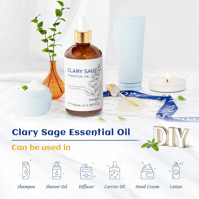 HIQILI Clary Sage Oil Essential, Herbal Sooth Aroma in Diffuse, Meditation, Calming Sleep at Bedtime, Body Massage, Moisturize Skin, DIY Deodorant Spray - 100ML | Can be added for meditation, bedtime calming sleep, DIY deodorant spray use – 100mL / 3.3...