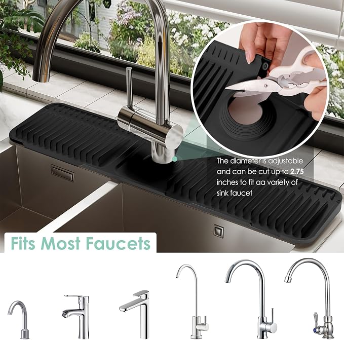 24 Inch Silicone Faucet Mat for Kitchen Sink Splash Guard - 7° Slope Water Draining Mat With Fasten Button for Bathroom Area (Black, 24''x5.5'')