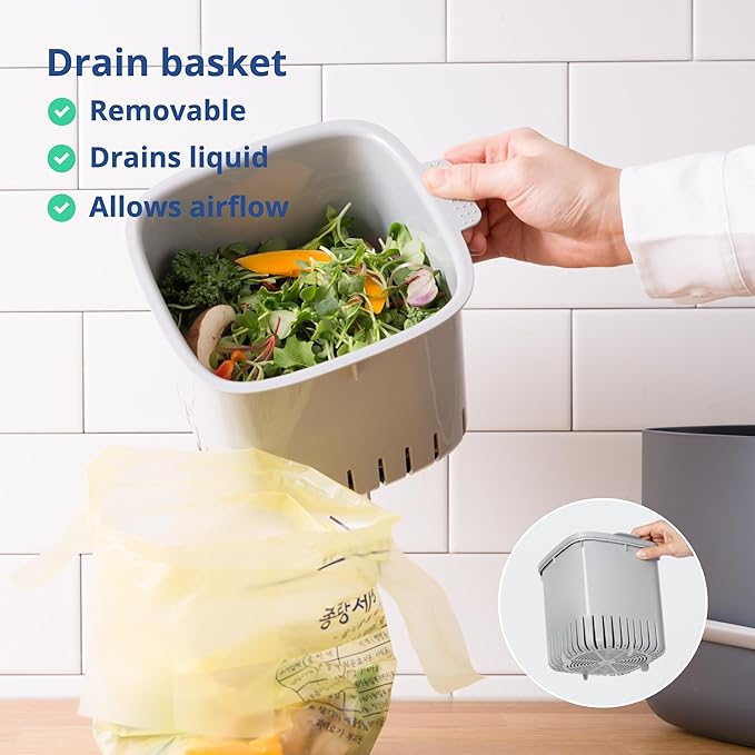 Blue Ginkgo Kitchen Compost Bin [2.6L / 0.69 GAL] – Filter-Free, Odor-Tight Countertop Food Waste Pail with Handle (Made in Korea, Gray)