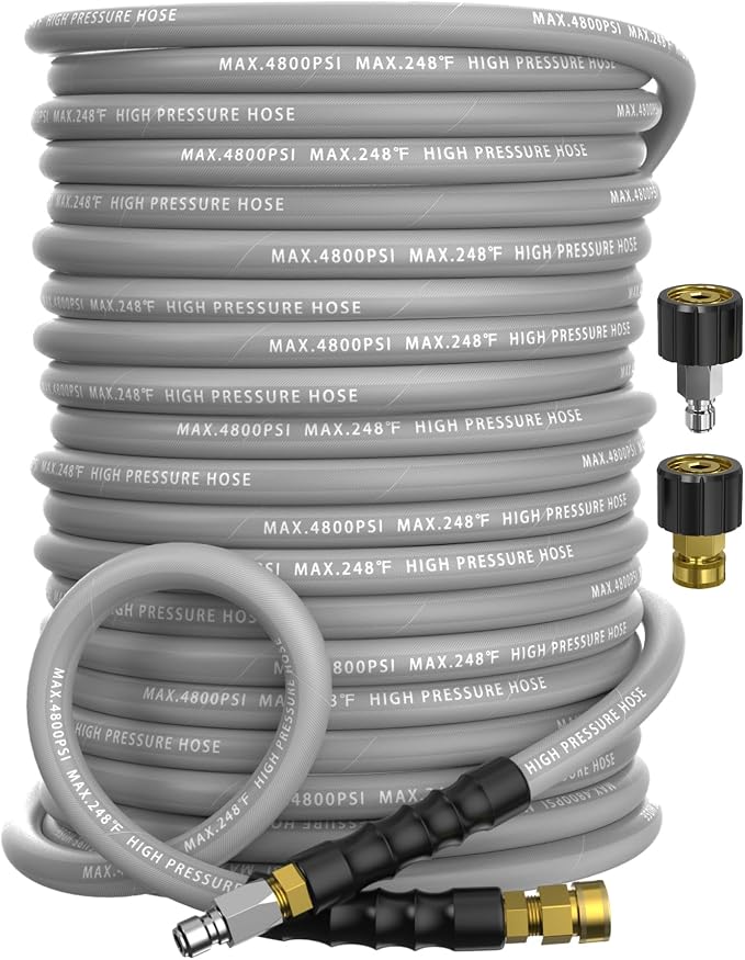 3/8" Pressure Washer Hose 150FT 4800 PSI, Kink Resistant Steel Braided Layer & NonMarking Rubber for Hot/Cold Water, High Power Washer Hose With 3/8 Inch Quick Connect & M22 Fitting, Gray