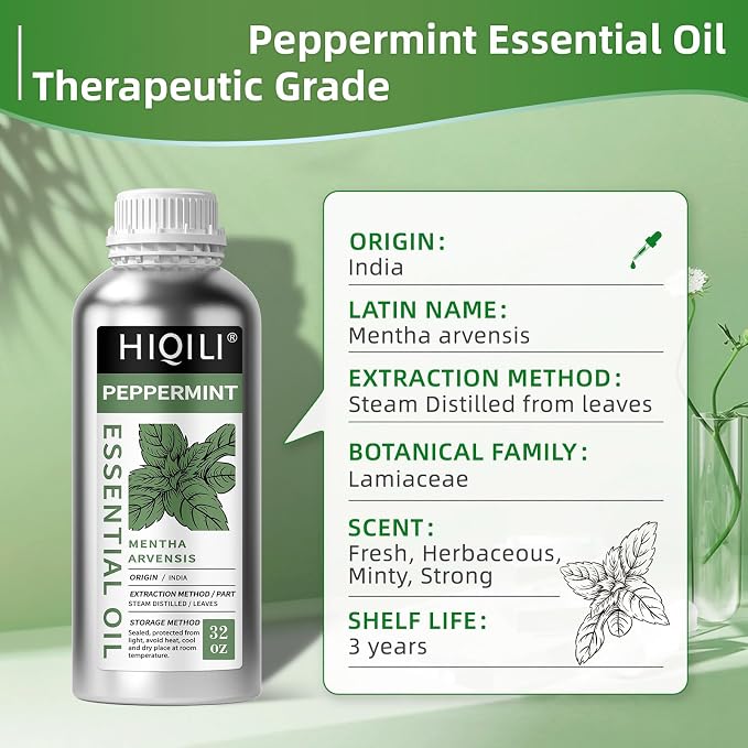 HIQILI Peppermint Essential Oil for Hair Care & DIY, Freshening Air | Refreshing Minty Aroma for Soap Making, SPA & Home Use- 1000ml / 33.8 fl oz