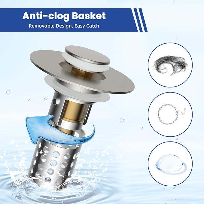 2PCS Universal Bathroom Sink Drain Strainer Hair Catcher, Brushed Nickel | Upgraded with Removable Stainless Steel Filter Basket, 3 in 1 Pop Up Sink Stopper for 1.1''~2.36'' Sink Basin Hole