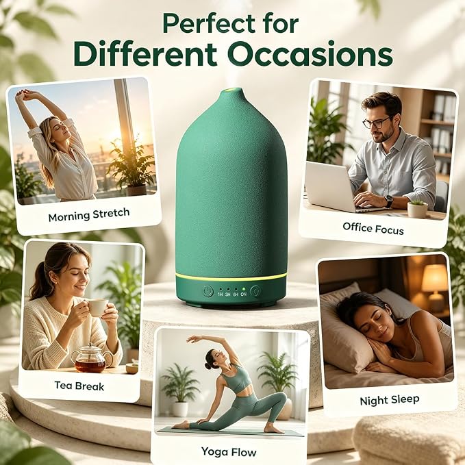 200ML Ceramic Essential Oil Diffuser for Home, Stone Diffuser | Ultrasonic Aromatherapy Diffuser & Air Humidifier for Bedroom, Office, Yoga, 7 LED Lights, Auto Shut-Off, 3 Timers, Green