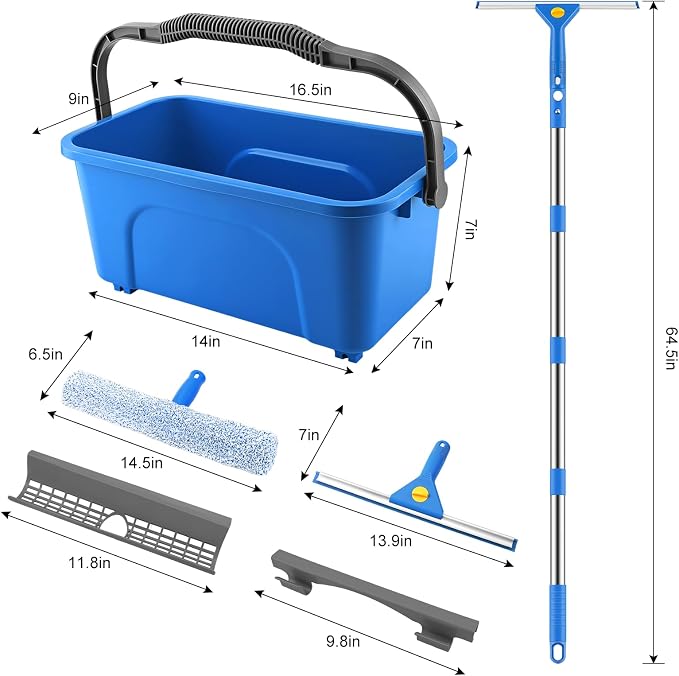 SetSail Window Cleaning Kit with Bucket 3 Gallon for Home Outdoor, Blue | Window Squeegee and Microfiber Scrubber, 64" Window Washing Kit, Professional Window Cleaner Tool for Commercial Car