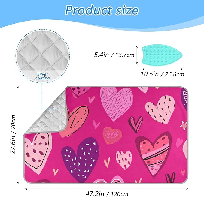 Ironing Mat Portable Ironing Pad Ironing Blanket for Table Top Heat Resistance Double-Side Using Travel Large 47.2 x 27.6 Inch Foldable Lightweight Hot Pink Doodle Hearts Stars