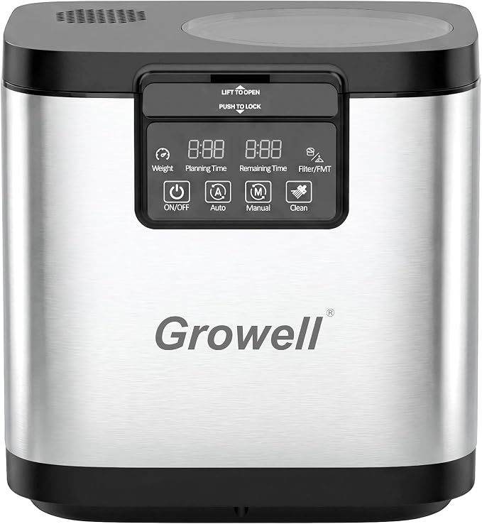 Growell 4L Electric Composter for Kitchen, Countertop, Indoor Compost Bin | Dual Carbon Filter, LED Touch Panel, Auto-Clean, Long-Life Brushless Motor, <40dB, Visible Window, Food Wast Recycler, Silver