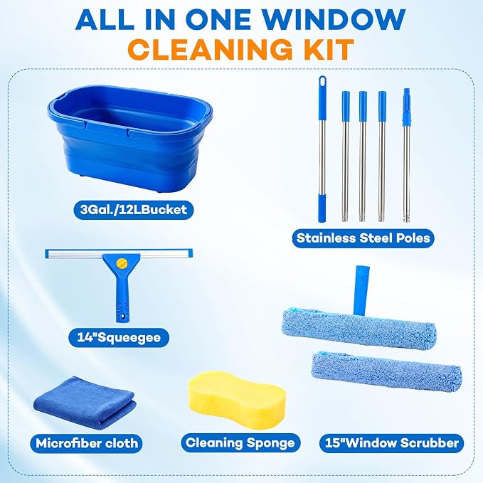 ALOTIKI 7Pcs Window Cleaning Kit with 3Gal Collapsible Bucket & 81"Squeegee | Professional Window Washing Kit with Extension Pole, Squeegee and Scrubber, Window Cleaner Tool for Shower Glass & Commercial