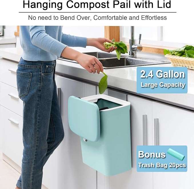 Tiyafuro 2.4 Gallon Kitchen Compost Bin for Counter Top or Under Sink, Hanging Small Trash Can with Lid for Cupboard/Bathroom/Bedroom/Office/Camping, Mountable Indoor Compost Bucket (Blue)