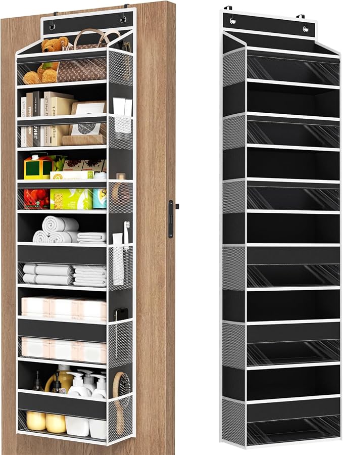 6 Tiers Over The Door Organizer, Behind The Door Storage Hanging Shelves | Heavy Duty Hanging Organizer Storage with Large Capacity Pockets for Closet Wall Bathroom Bedroom Nursery Pantry, 1 Black