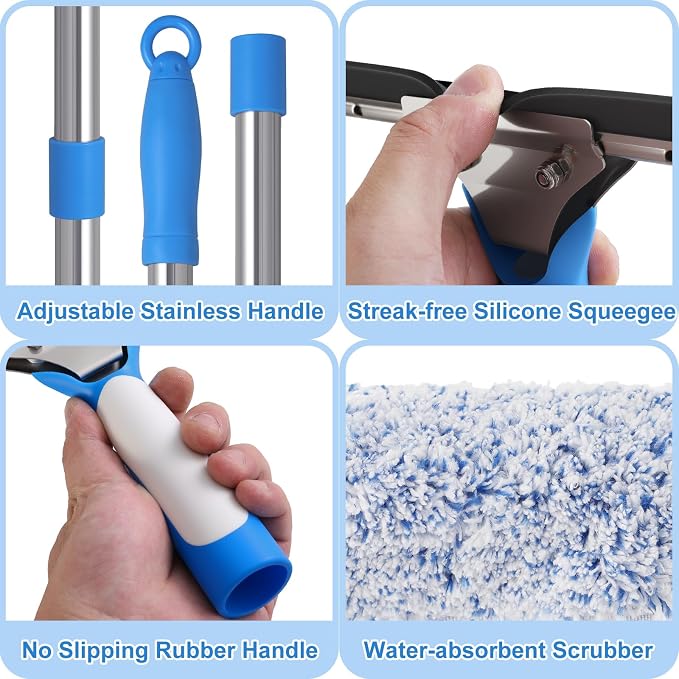 Window Cleaning Kit 77'' Long Handle with Bucket for Home Outdoor | Professional Window Washing Equipment, 77'' Long Handle, 14'' Silicone Squeegee, Microfiber Scrubber, Cloth, Commercial Use