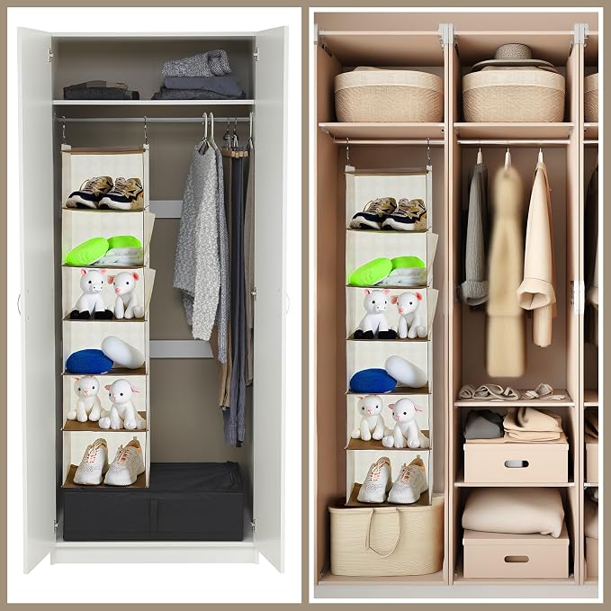 Leinuosen 6 Tier Shelf Hanging Closet Organizer Hanging Shelves for Closet with 2 Sturdy Hooks for Storage, for Dorm, 3 Pack, Foldable (Beige)