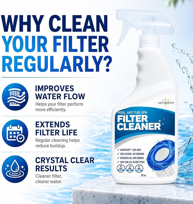 NOYATECH Hot Tub Filter Cleaner & Pool Filter Cleaner Spray, 32 oz – No-Soak Spa Cartridge Cleaner – Removes Sunscreen, Body Oil, Grease & Mineral Buildup – Extends Filter Life
