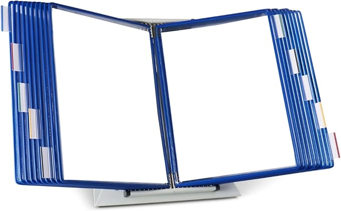 Tarifold Desktop Reference Display System, 20 Pockets, Expandable, Blue | 20 double-sided PVC pockets, holds 40 letter-size sheets, sturdy metal base, quick-find indexing, quick and easy to assemble