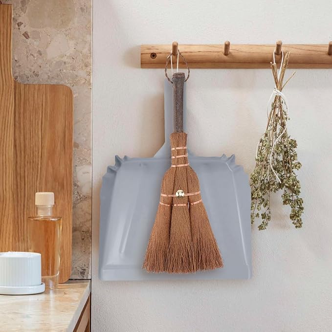 Small Metal Dust Pan and Brush for Fireplace, Garage, Shop, 9" Wide | Heavy Duty Dustpan and Hand Broom for Outdoor Camping Indoor, Natural Bristle Bench Brush for Counter Ash Cleanup Anti-Static