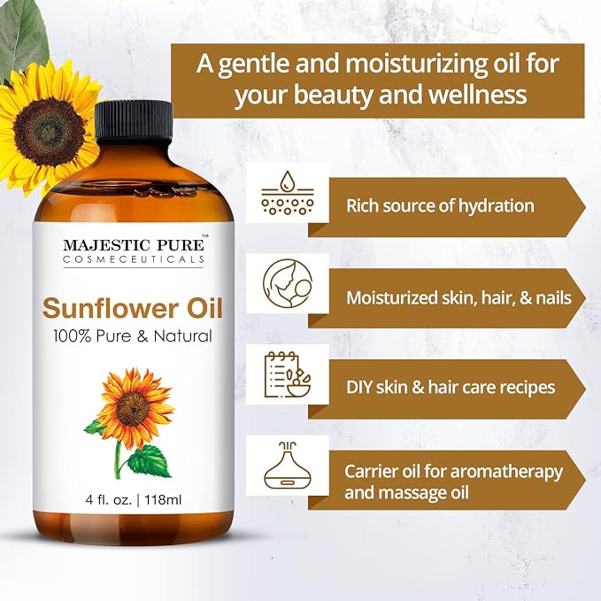 Majestic Pure Sunflower Essential Oil for Diffuser - 4 Fl Oz | 100% Natural Essentials Oils for Aromatherapy, Massage, Steam inhalation, Air Freshing, Soap and Candle Making