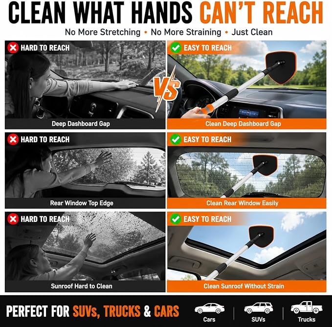 XINDELL Interior Windshield Cleaner Tool, Extendable Car Window Cleaning Kit with 360° Rotating Head