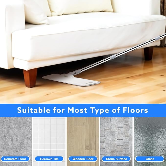 wlich Microfiber Floor Mop, 55" Extendable Flat Mop with 4 Reusable Pads | 360° Rotating Head, 4 Pads, 1 hook, 1 wall piece, and 1 scraper, Wet Dry Dust Mop for Bathroom Kitchen Floor,Ceramic Tiles