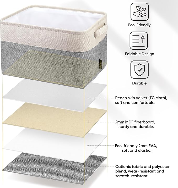 BALEINE 4 Pack Fabric Storage Bins for Shelves, Linen Storage Baskets for Organizing, Decorative Closet Bins for Clothes, Home (Grey, 12"x8"x8")