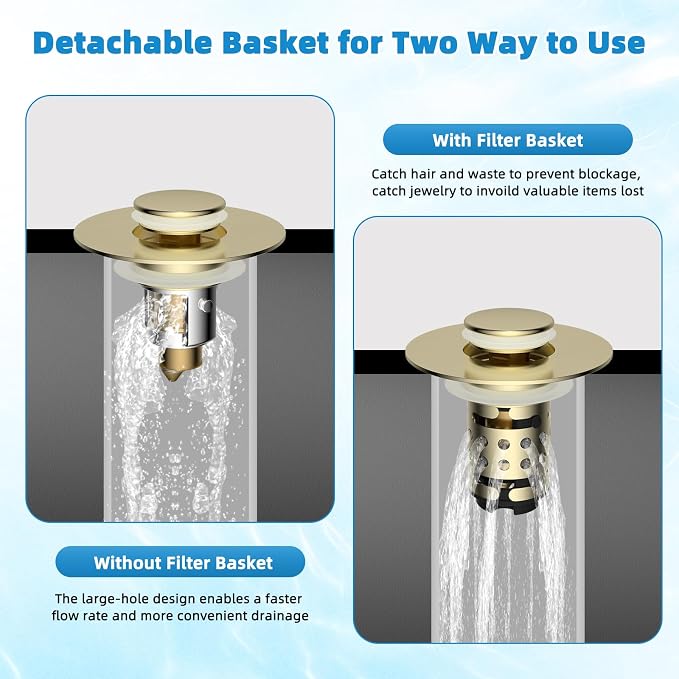 Universal Bathroom Sink Drain Stopper Hair Catcher, Brushed Gold | Upgraded with 2-Layer Detachable Filter Basket, 4 in 1 Pop Up Drain Strainer, Anti-Clog, Fit for 1.1''~2.36'' Sinks