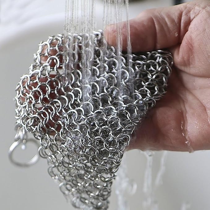 8"x6" Cast Iron Scrubber Stainless Steel Chainmail Cleaner for Pre-Seasoned Pans, Griddles, BBQ Grill and Pot Cookware Cleaning