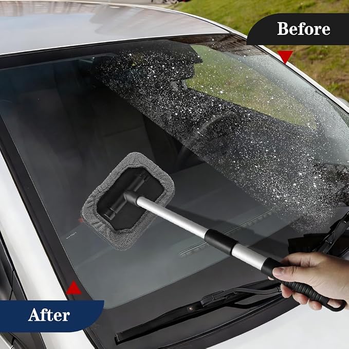 Windshield Cleaning Tool, Car Window Cleaner, Vehicle Window Cleaner with Extendable Handle & 2 Washable Microfiber Pads, Car Interior Glass Wiper Cleaning Kit for Most Vehicles (Grey)