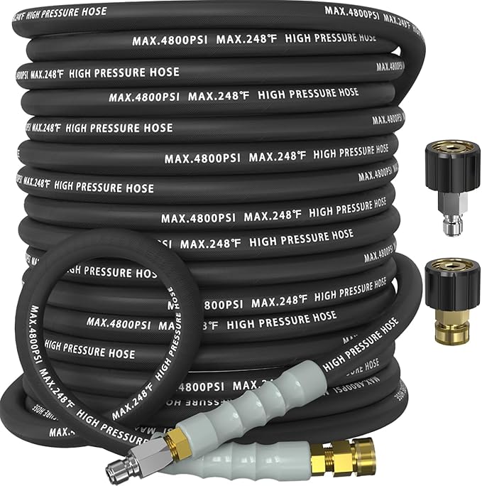 3/8" Pressure Washer Hose 75FT 4800 PSI, Kink Resistant Steel Braided Layer & NonMarking Rubber for Hot/Cold Water, High Power Washer Hose With 3/8 Inch Quick Connect & M22 Fitting, Black