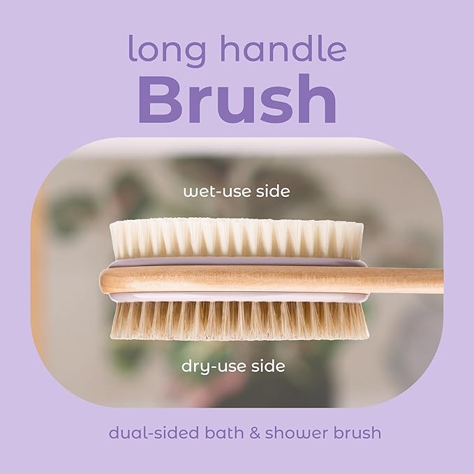 MainBasics Back Scrubber Shower Brush, Lavender, Long Handle | Dual Sided Body Brush, Exfoliating Bristles and Soft Bristles, Back Scrubbing, Deep Cleaning