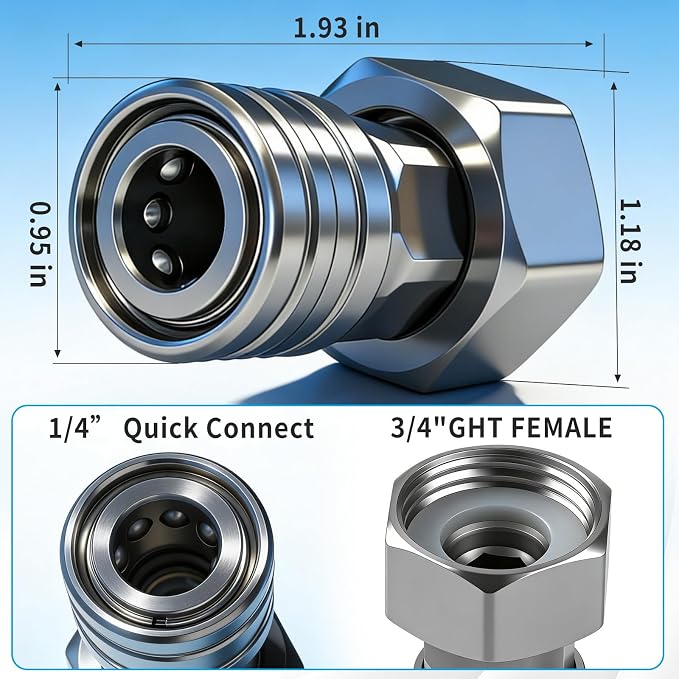 Stainless Steel Garden Hose to Pressure Washer Adapter for Car Wash Nozzle and Sprayer Attachment 3/4” GHT to 1/4” Quick Connect Convert Water Hoses to Power Washer Connector