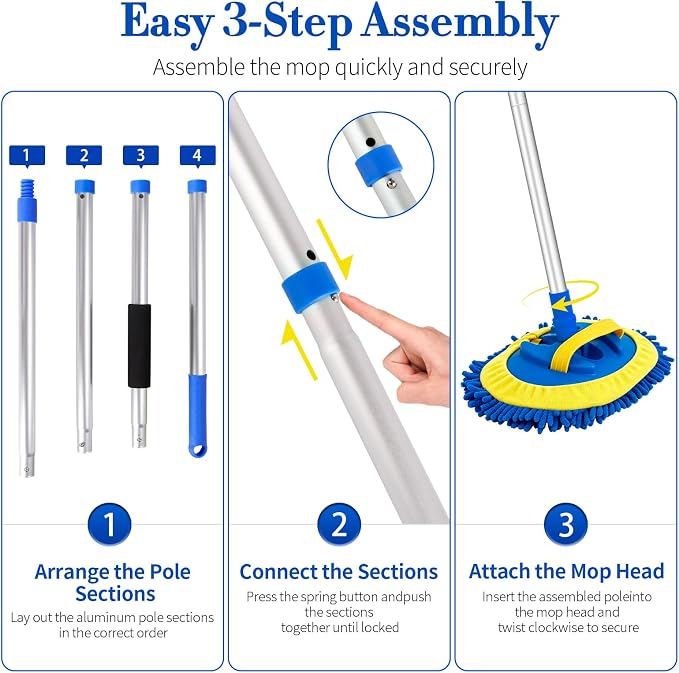 62" Car Wash Brush kit with Long Handle & 3 Scratch-Free Refill Mitt | Chenille Microfiber Car Washing Mop Head, Car Wash Stick, Car Brush Clean Kit, Car Cleaning Supplies for RV Truck Boat, Blue