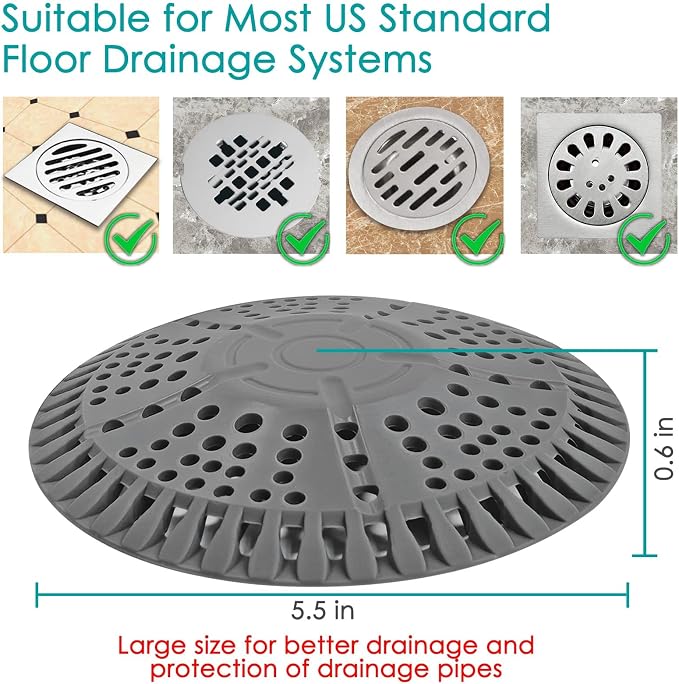 Shower Drain Hair Catcher, 2 Pack 5.5in Shower Hair Catcher Large Premium Silicone Drain Protector Strainer, Shower Drain Cover for Shower Room, Floor Drain, Bathroom Sink, Dark Grey