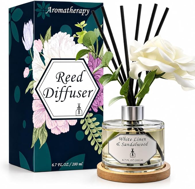 Reed Diffuser Set, White Linen & Sandalwood 6.7 fl oz Oil Scent Diffuser with Sticks, Home Fragrance Diffuser for Bathroom Bedroom Office Shelf Décor