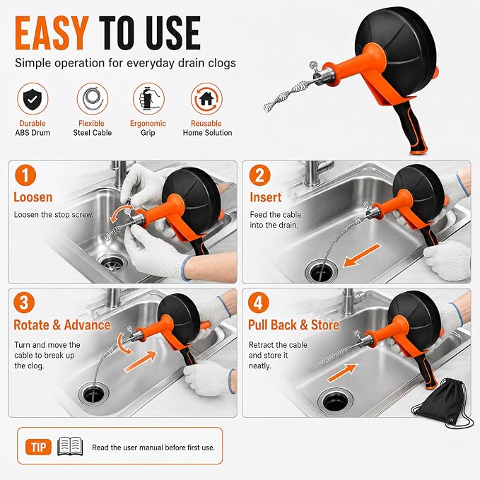 25FT Drain Auger with Drill Adapter, Durable Pipe-Safe Plumbing Snake, Auto-Retract Clog Remover for Kitchen Sink, Bathroom, Shower, Tub, Gloves Included