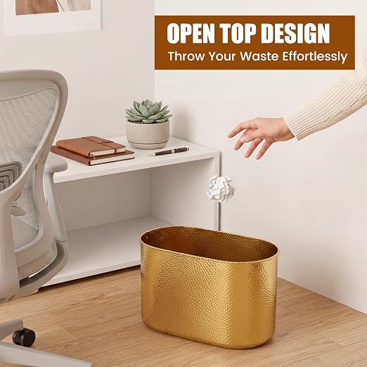 Gold Metal Oval Trash Can Wastebasket for Bathroom, Decorative Garbage Can Trash Bin for Kitchen Bedroom Home Office, Stainless Steel (12.6 x 7.09 x 6.3 Inches)
