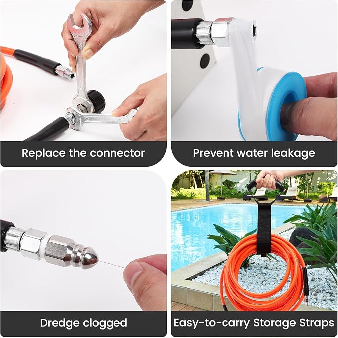 150FT Sewer Jetter Kit for Pressure Washer, 5800 PSI Water Jet Drain Cleaner Hose With Corner Rotating Button Nose Nozzle 1/4 Inch NPT, Jetting Nozzles Kit With Spanner Handle Strap