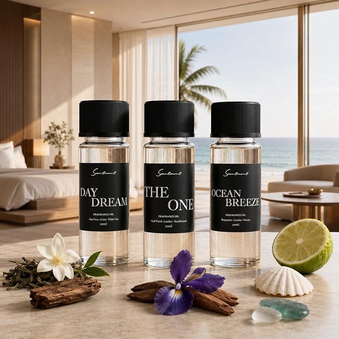 Scentiment Hotel Scents Discovery Set – Day Dream, The One & Ocean Breeze | Fresh, Woody & Marine Fragrance Oils | Luxury Home Scent Kit for Cold Air Diffusers 3 x 0.68 fl oz (20 mL) | Day Dream, The One & Ocean Breeze - Fresh, Woody & Marine Fragrance...