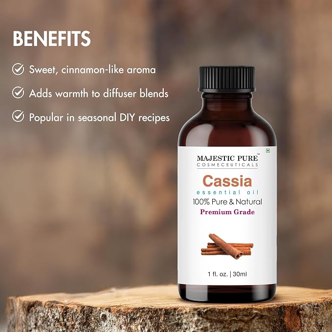 Majestic Pure Cassia Essential Oil for Diffuser - 1 Fl Oz | 100% Natural Essentials Oils Ideal for Relaxing Tense Mood, Eliminating Odor, Creating Peaceful Atmosphere for Sleep & Work