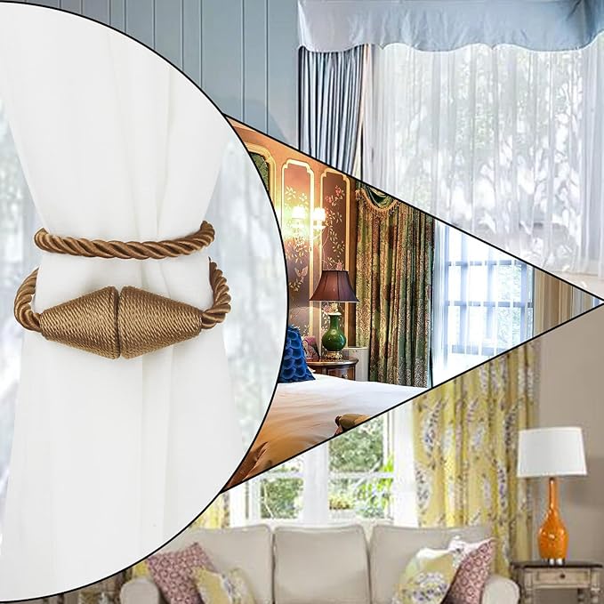 4 Pack Magnetic Curtain Tiebacks Rope Modern Handmade Curtain Tie Backs Decorative Drapes Weave Holdbacks for Window Décor, Khaki
