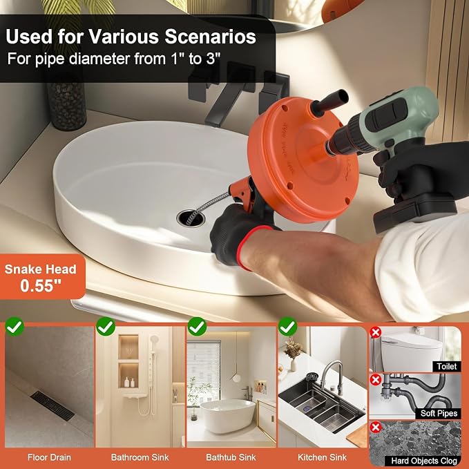 【2026 Newest】50 FT Drain Snake, Plumbing Snake Drain Auger Hair Clog Remover, Flexible Plumbing Snake Use Manually or Powered for Kitchen,Bathrom and Shower Sink Gloves for L-Type Sewer