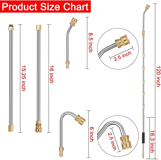Mudder 25 Pcs 10ft Pressure Washer Extension Wand Sets for Gutter Cleaning with 7 Replacement Lance, 2 Curved Rod (30 or 120 Degree), 6 Spray Nozzle Tips, 10 O-rings, 1/4" Quick Connector, 4000 Psi