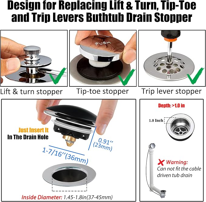 Anlige Bathtub Drain Stopper, Pop Up Tub Stopper and Cover, Bottom with Hair Catcher, Universal for 1.45 to 1.8in Drain, Replaces Old Drain Plug, Matte Black