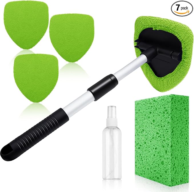 Windshield Cleaner Tool 22.5" L - Car Interior&Exterior Window Cleaning Kit with Extendable Handle&4 Microfiber Pads and Thick Large Wash Sponge, Auto Glass Wiper Brush Kit for Cars Home (7pcs Green)