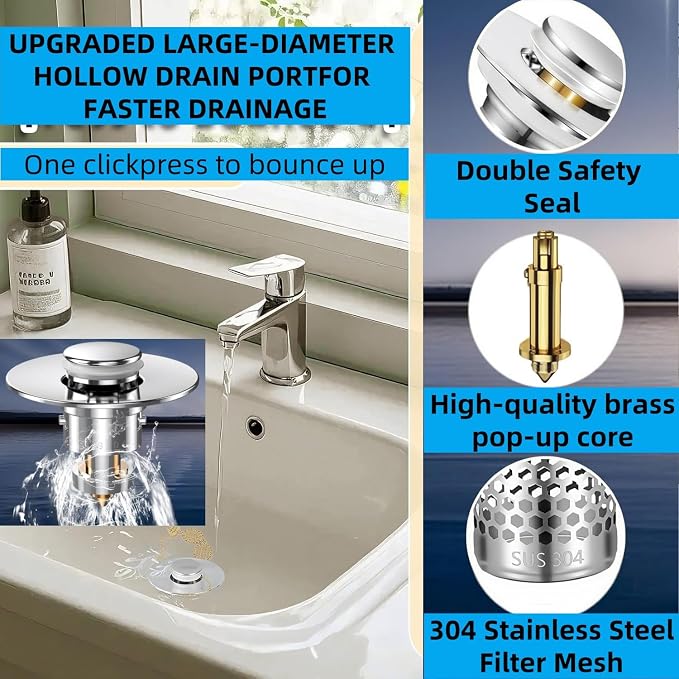 Bathroom Sink Drain Strainer 2 Pack,Bathroom Sink Stopper with Pop-Up Drain and Removable Hair Catcher, Stainless Steel Filter Basket, Fits Standard US Bathroom Sinks