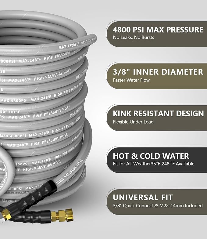 3/8" Pressure Washer Hose 100FT 4800 PSI, Kink Resistant Steel Braided Layer & NonMarking Rubber for Hot/Cold Water, High Power Washer Hose With 3/8 Inch Quick Connect & M22 Fitting, Gray
