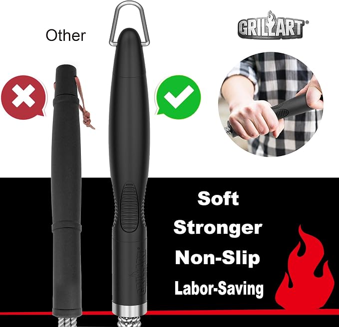 GRILLART Grill Brush, 18'' Extra-Strong Handle, BBQ Cleaner with Scraper | Remove Tough Grime, Triple Safe Wire Bristle Scrubbers, for Gas, Charcoal & Smoker, Steel Grates, 360°Wizard Cleaning