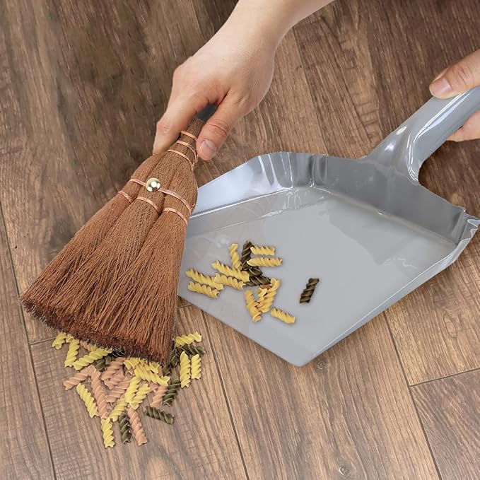 Small Metal Dust Pan and Brush for Fireplace, Garage, Shop, 9" Wide | Heavy Duty Dustpan and Hand Broom for Outdoor Camping Indoor, Natural Bristle Bench Brush for Counter Ash Cleanup Anti-Static