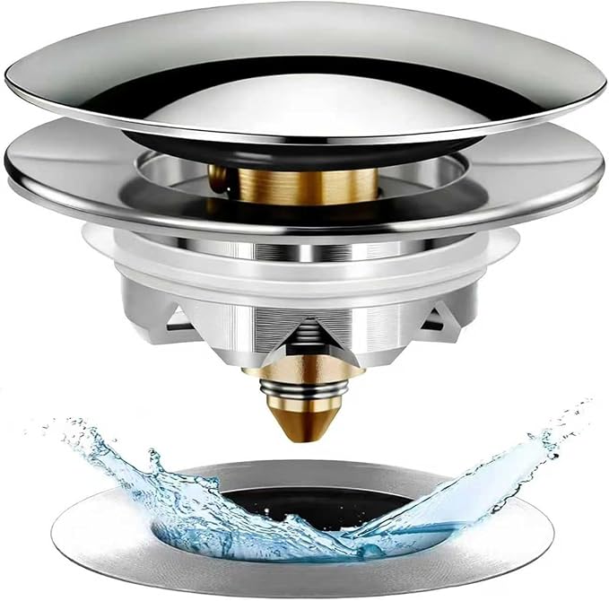 Anlige Bathtub Drain Stopper, Pop Up Tub Stopper and Cover, Bottom with Hair Catcher, Universal for 1.45 to 1.8 in Drain, Replaces Old Drain Plug, Chrome Silver