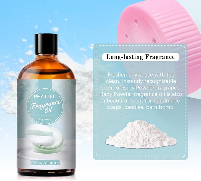 PHATOIL Baby Powder Fragrance Oil for Diffuser Aromatherapy 3.38FL.OZ | Long Lasting Scented Oils For Humidifier, Air Freshener, DIY Soap Candle, Scent Project Making, Aroma Oil for Home Freshening
