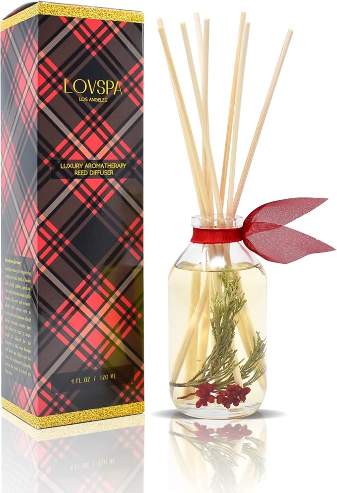 Reed Diffuser Set - Joy Winterberry Spruce Scented Diffuser with Sticks | Holiday Home Fragrance Reed Diffuser for Bedroom, Bathroom Shelf Décor, with Real Botanicals in the Bottle - Made in the USA