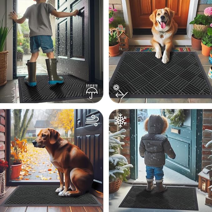 Smiry Front Door Mat Outside Entrance, Heavy Duty Outdoor Indoor Natural Rubber Doormat, Non Slip, Trap Dirt and Moisture, Easy Clean, Low Profile Patio Porch Entryway Mat, 29.5x17, Black